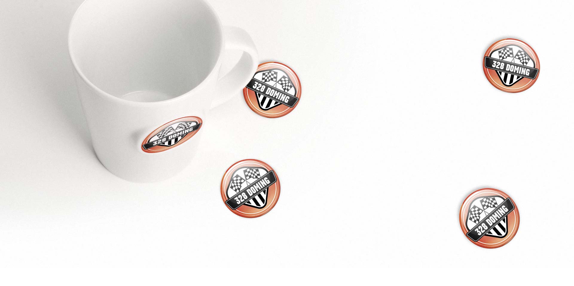 Werbetasse schnell beruckt: Logo Doming auf Porzellan
