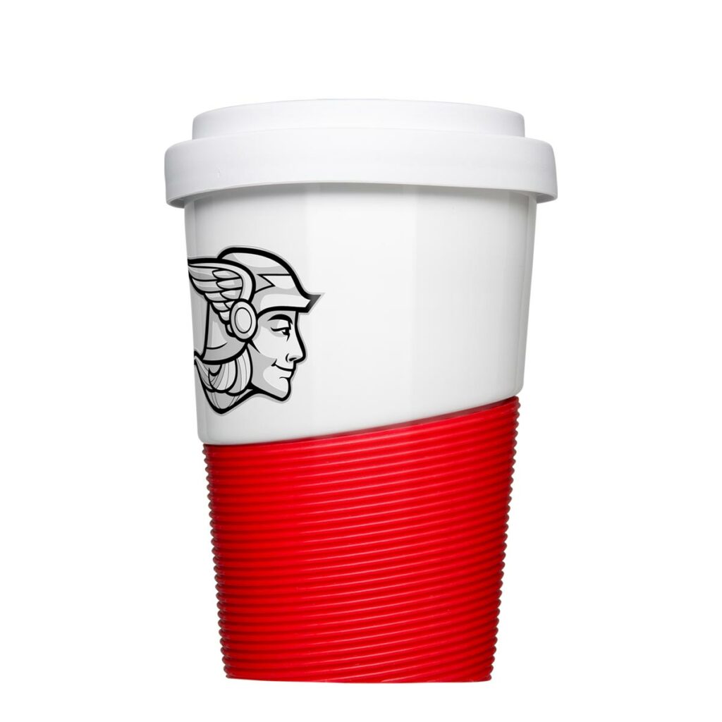 Druck auf Form 467 Coffee2Go Wave mit roter Banderole von Mahlwerck Porzellan
